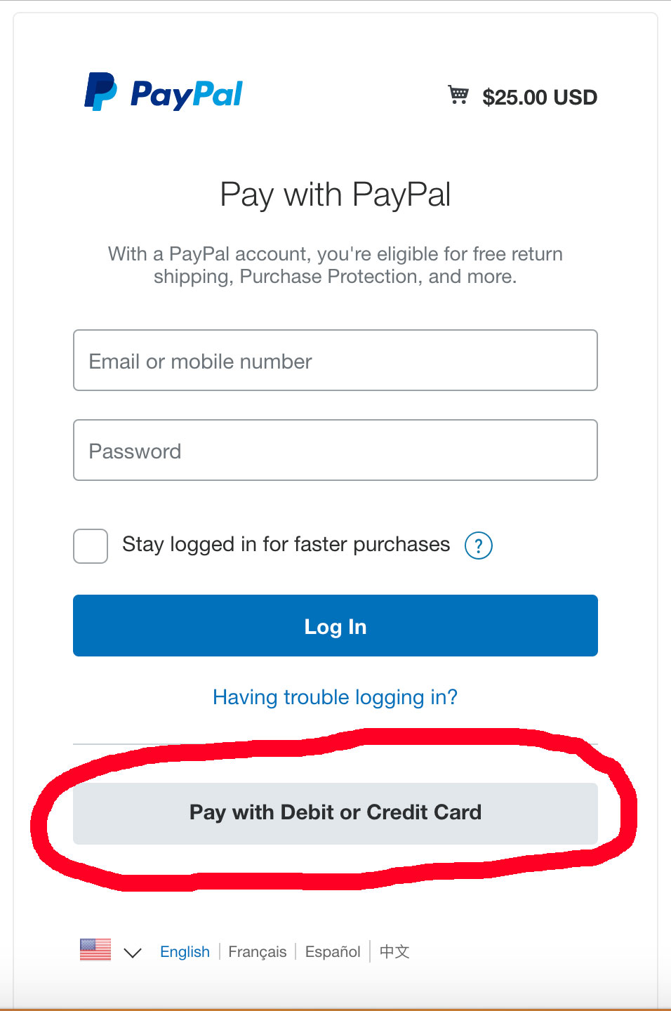 Click "Pay with credit or debit card" if you don't want to log into PayPal to pay for your membership.